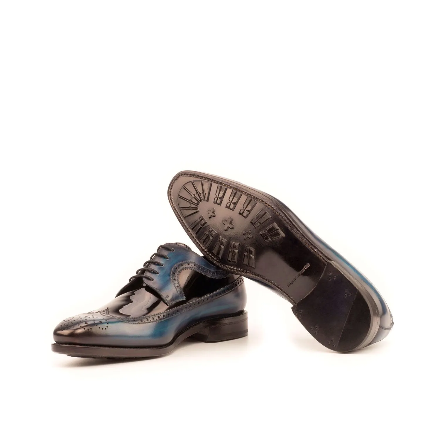 Ambrogio Bespoke Custom Men's Shoes Black & Denim Patent / Patina Leather Longwing Blucher Oxfords (AMB2124)