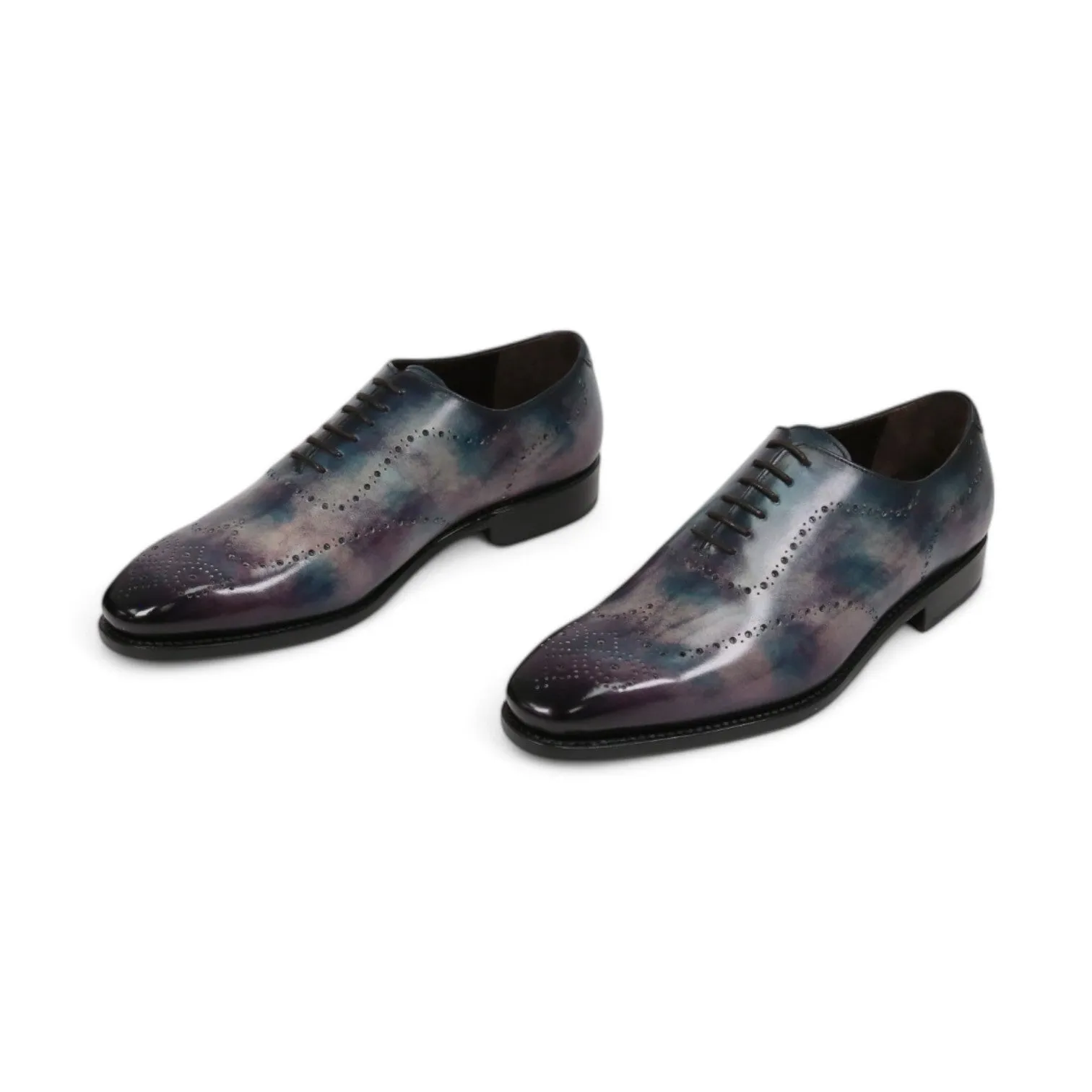 Ambrogio Men's Handmade Custom Made Shoes Purple & Teal Cygnus Cezzane Patina Leather Wholecut Oxfords (AMB1645)