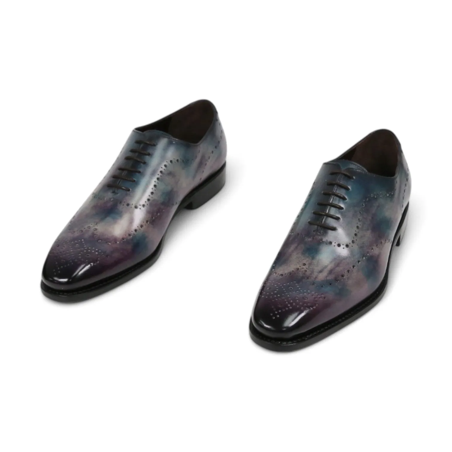 Ambrogio Men's Handmade Custom Made Shoes Purple & Teal Cygnus Cezzane Patina Leather Wholecut Oxfords (AMB1645)