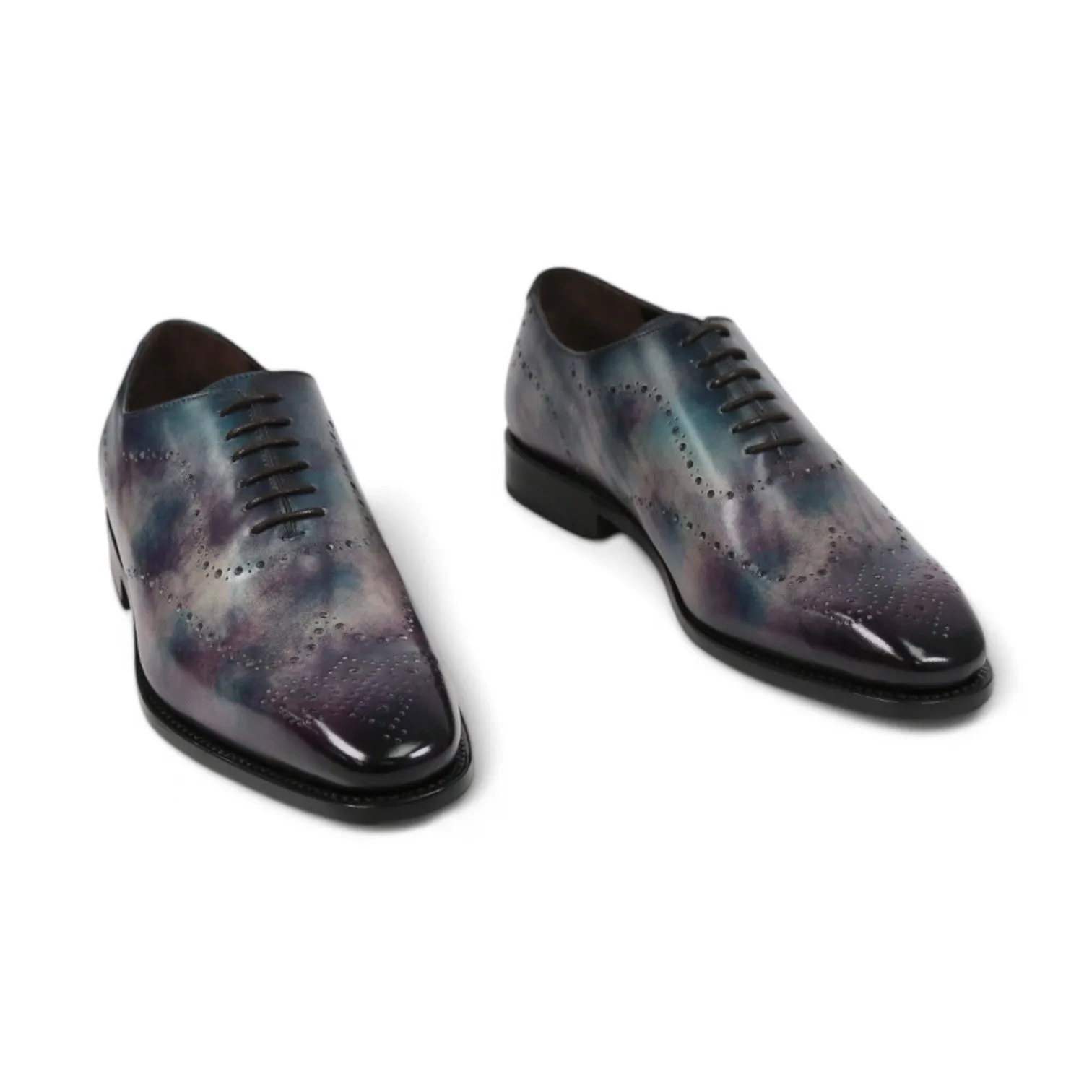 Ambrogio Men's Handmade Custom Made Shoes Purple & Teal Cygnus Cezzane Patina Leather Wholecut Oxfords (AMB1645)