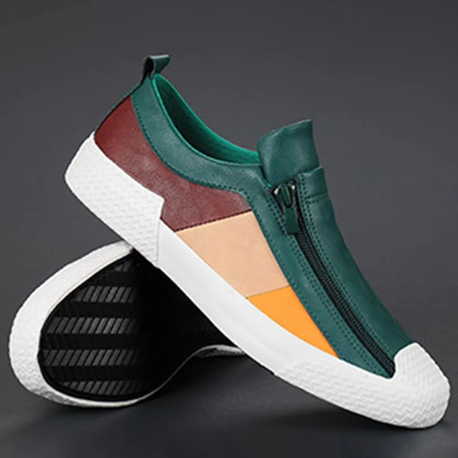 AngryMonkey Men's Low-top Colorblock Sneakers,Fashion Comfort Slip On Double Zipper Anti-Slip Flat Casual Leather Walking Loafers