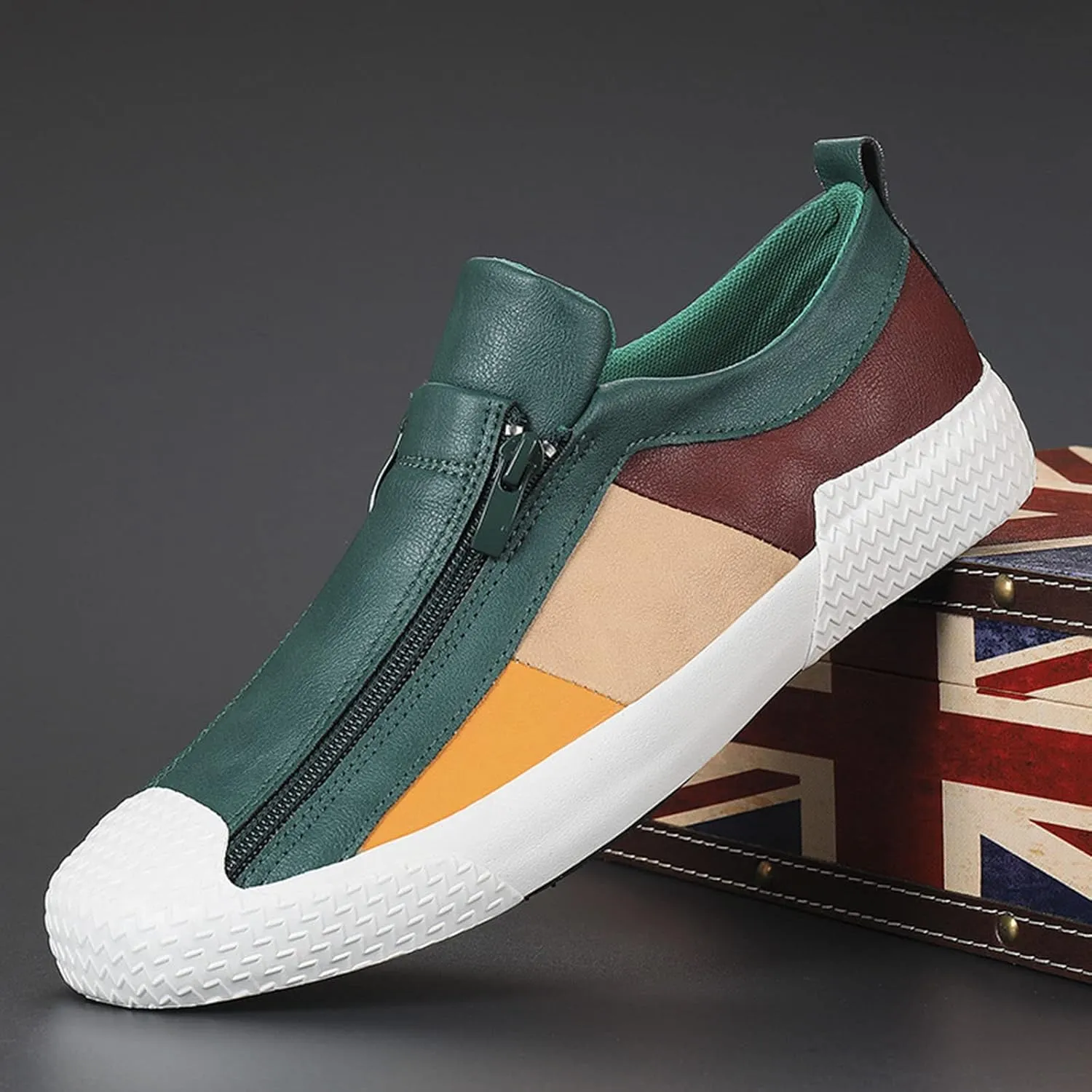AngryMonkey Men's Low-top Colorblock Sneakers,Fashion Comfort Slip On Double Zipper Anti-Slip Flat Casual Leather Walking Loafers