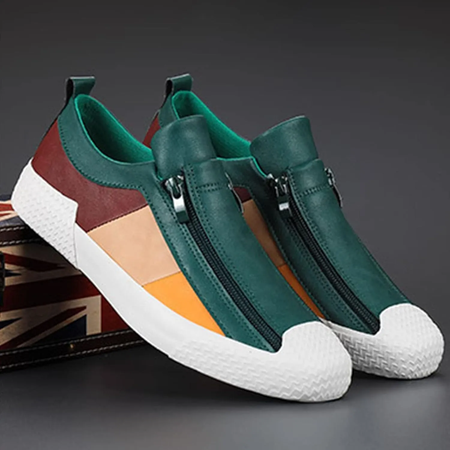 AngryMonkey Men's Low-top Colorblock Sneakers,Fashion Comfort Slip On Double Zipper Anti-Slip Flat Casual Leather Walking Loafers