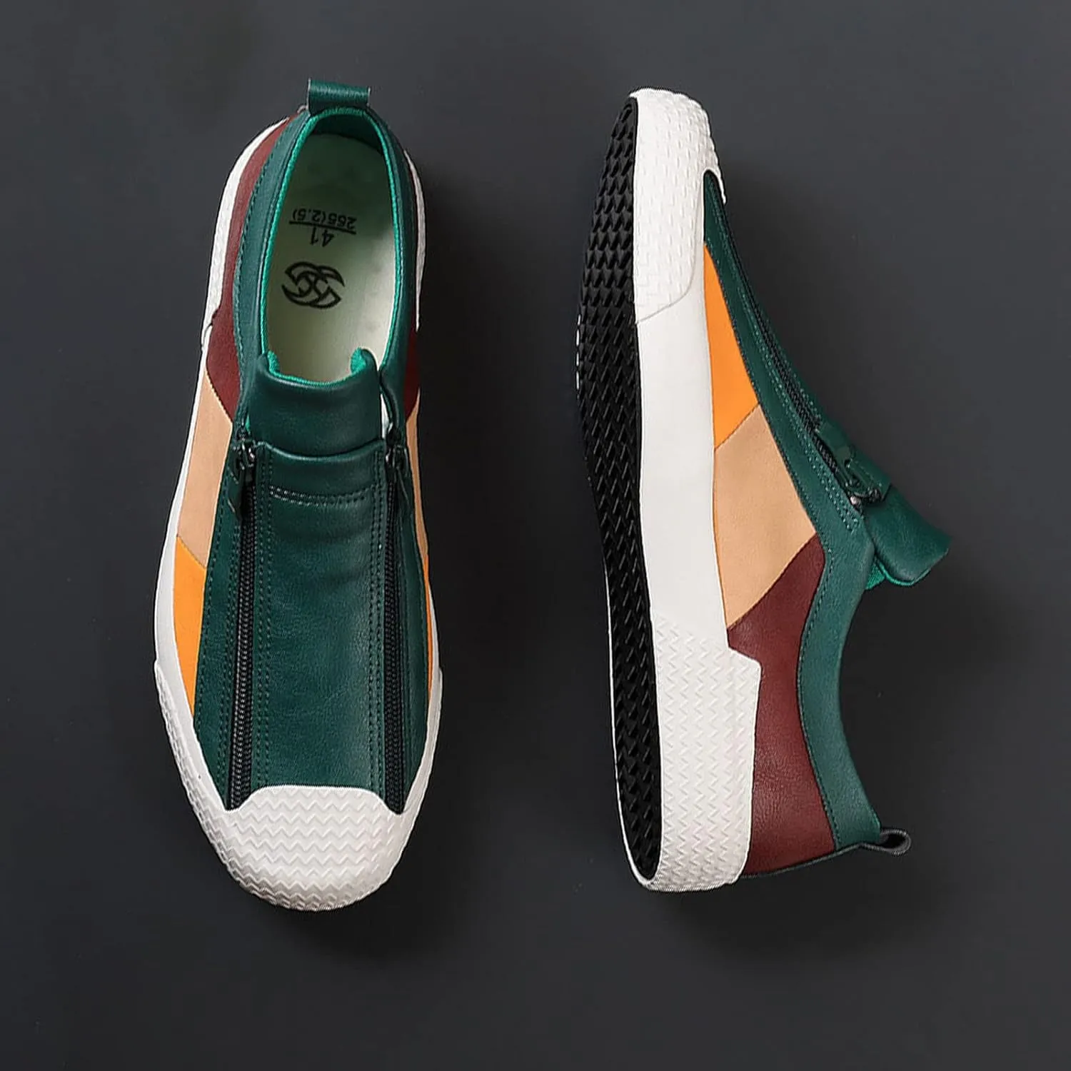 AngryMonkey Men's Low-top Colorblock Sneakers,Fashion Comfort Slip On Double Zipper Anti-Slip Flat Casual Leather Walking Loafers