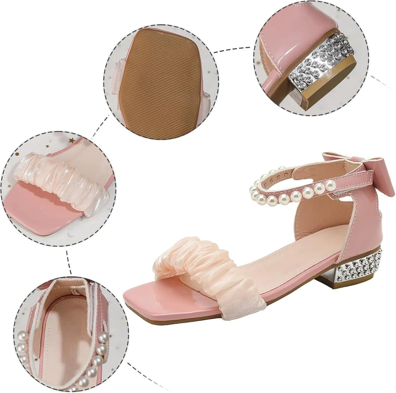 Children's Sandals with Pearls Sweet Lace Thick Heels Square Toe Soft Sole Children's Sandals for Sandles Girls