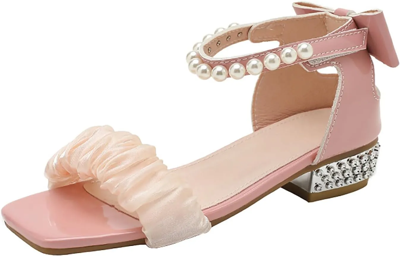 Children's Sandals with Pearls Sweet Lace Thick Heels Square Toe Soft Sole Children's Sandals for Sandles Girls