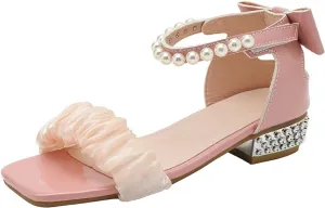 Children's Sandals with Pearls Sweet Lace Thick Heels Square Toe Soft Sole Children's Sandals for Sandles Girls