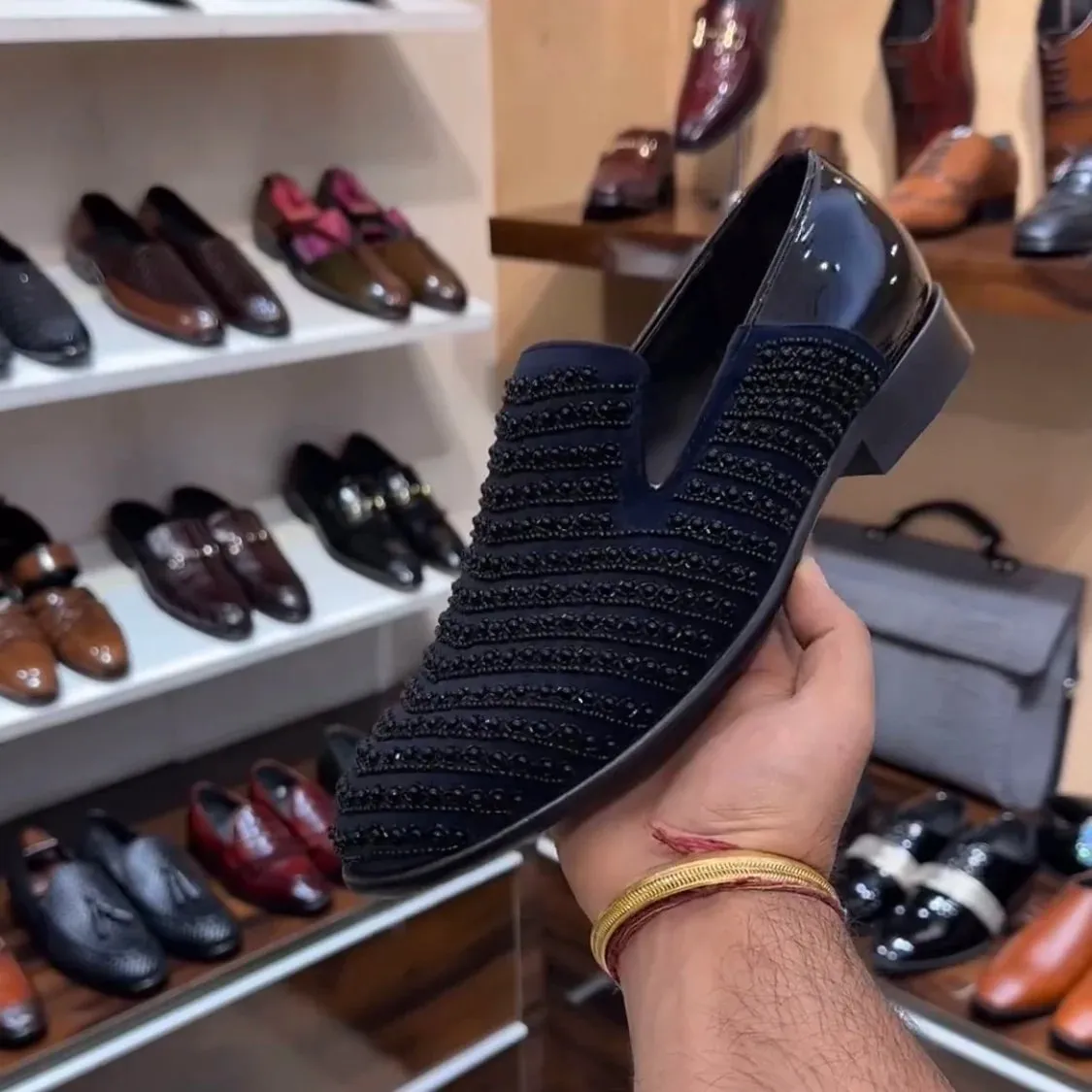 Embroidered Navy Blue-black Moccasins