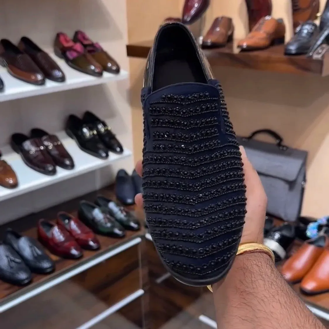 Embroidered Navy Blue-black Moccasins