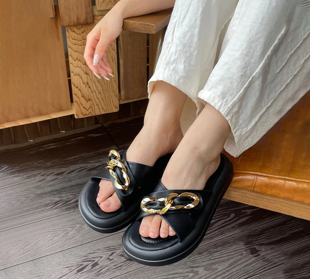 EVERAU® Women Slides Metal Decor Crossover Platform Chiffon