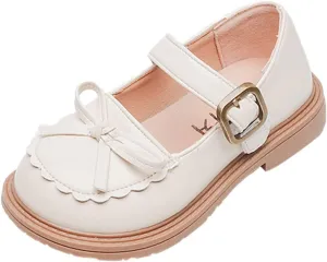 Girls Leather Bow Design Soft Round Toe Princess Dress Flat Shoes(Toddler/Little Kid/Big Kids) Toddler Walking