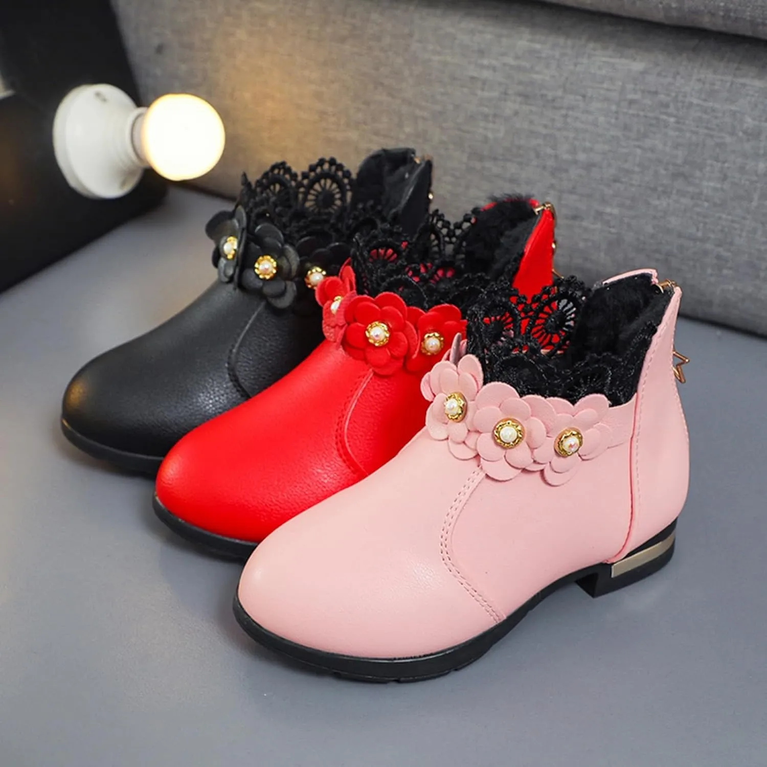 Kids Fashion Girls Ankle Boots Ruffle 3D Flowers Print Dress Booties Winter Leather Chunky Zipper Casual Shoes