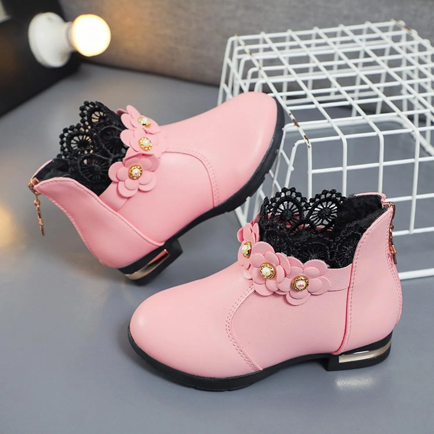 Kids Fashion Girls Ankle Boots Ruffle 3D Flowers Print Dress Booties Winter Leather Chunky Zipper Casual Shoes