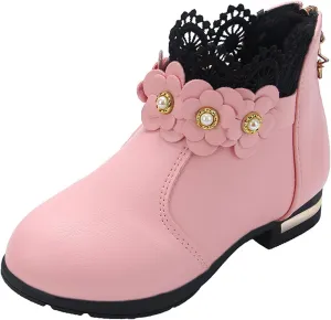 Kids Fashion Girls Ankle Boots Ruffle 3D Flowers Print Dress Booties Winter Leather Chunky Zipper Casual Shoes