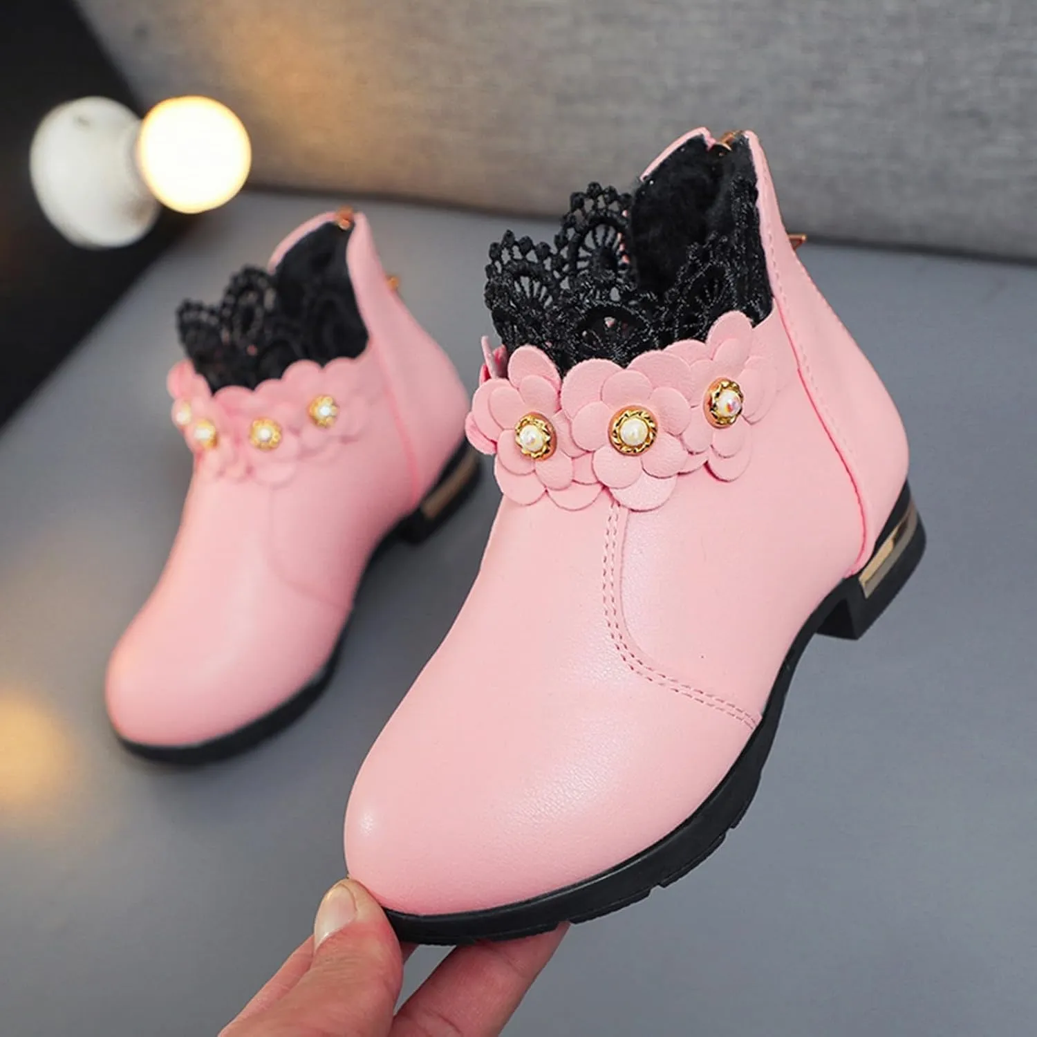 Kids Fashion Girls Ankle Boots Ruffle 3D Flowers Print Dress Booties Winter Leather Chunky Zipper Casual Shoes