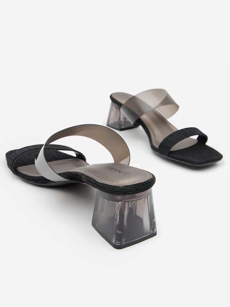 LUNA BLU Black Vinyl Heel Sandals