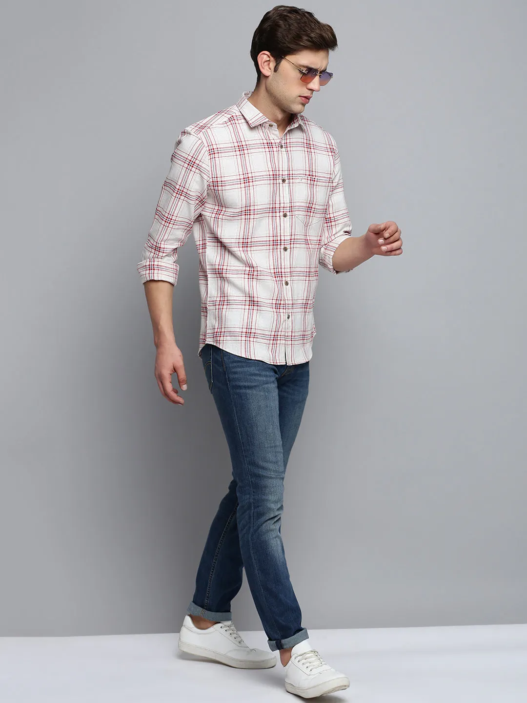 Men Beige Tartan Checks Cotton Casual Shirt