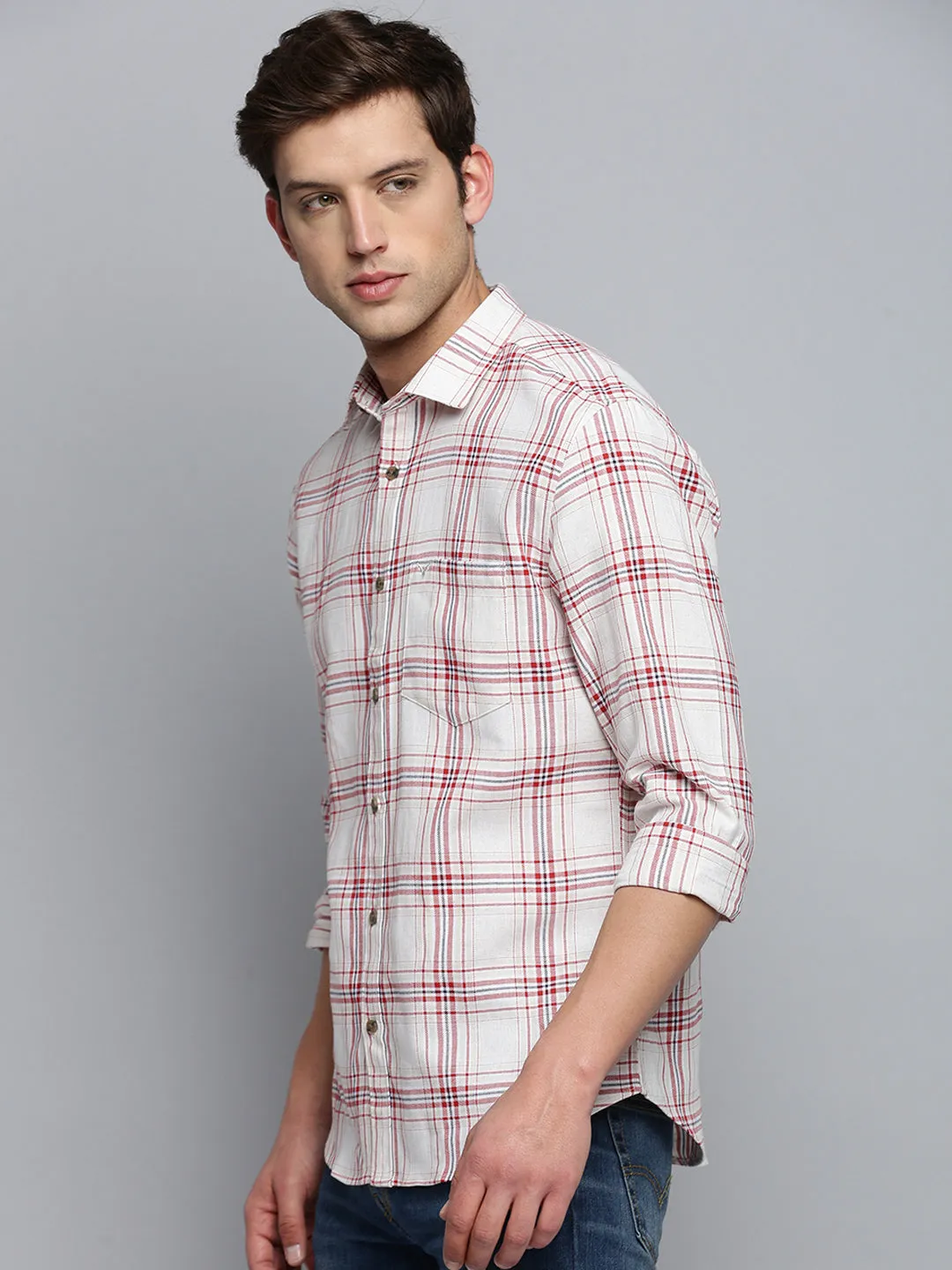 Men Beige Tartan Checks Cotton Casual Shirt