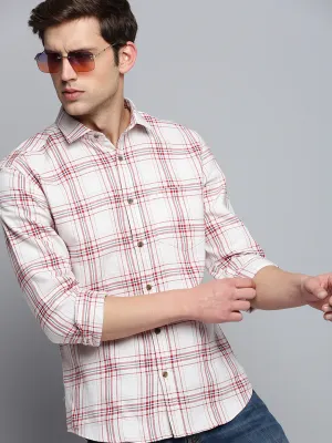 Men Beige Tartan Checks Cotton Casual Shirt