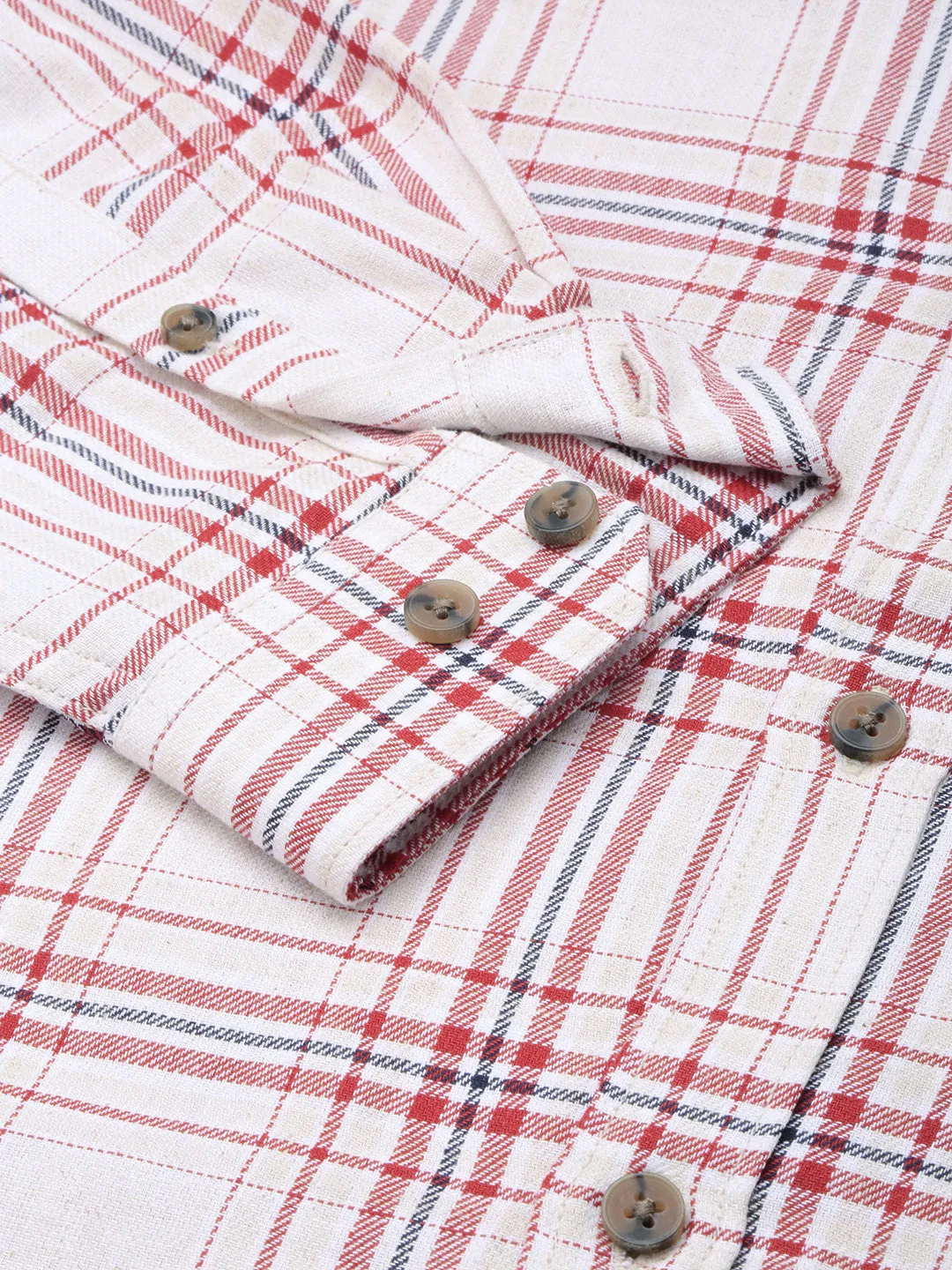 Men Beige Tartan Checks Cotton Casual Shirt