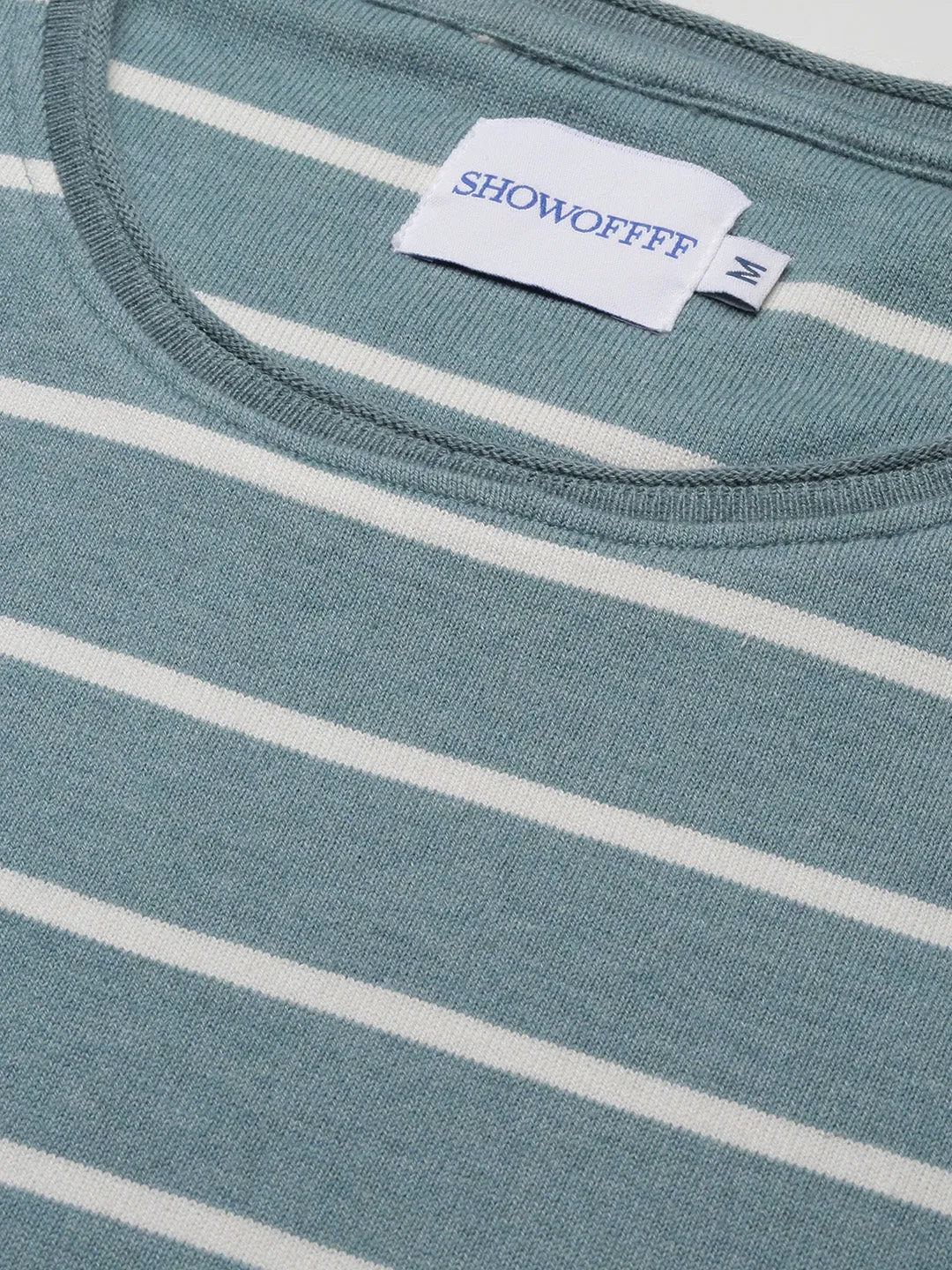 Men Blue Striped Round Neck Cotton T-Shirt