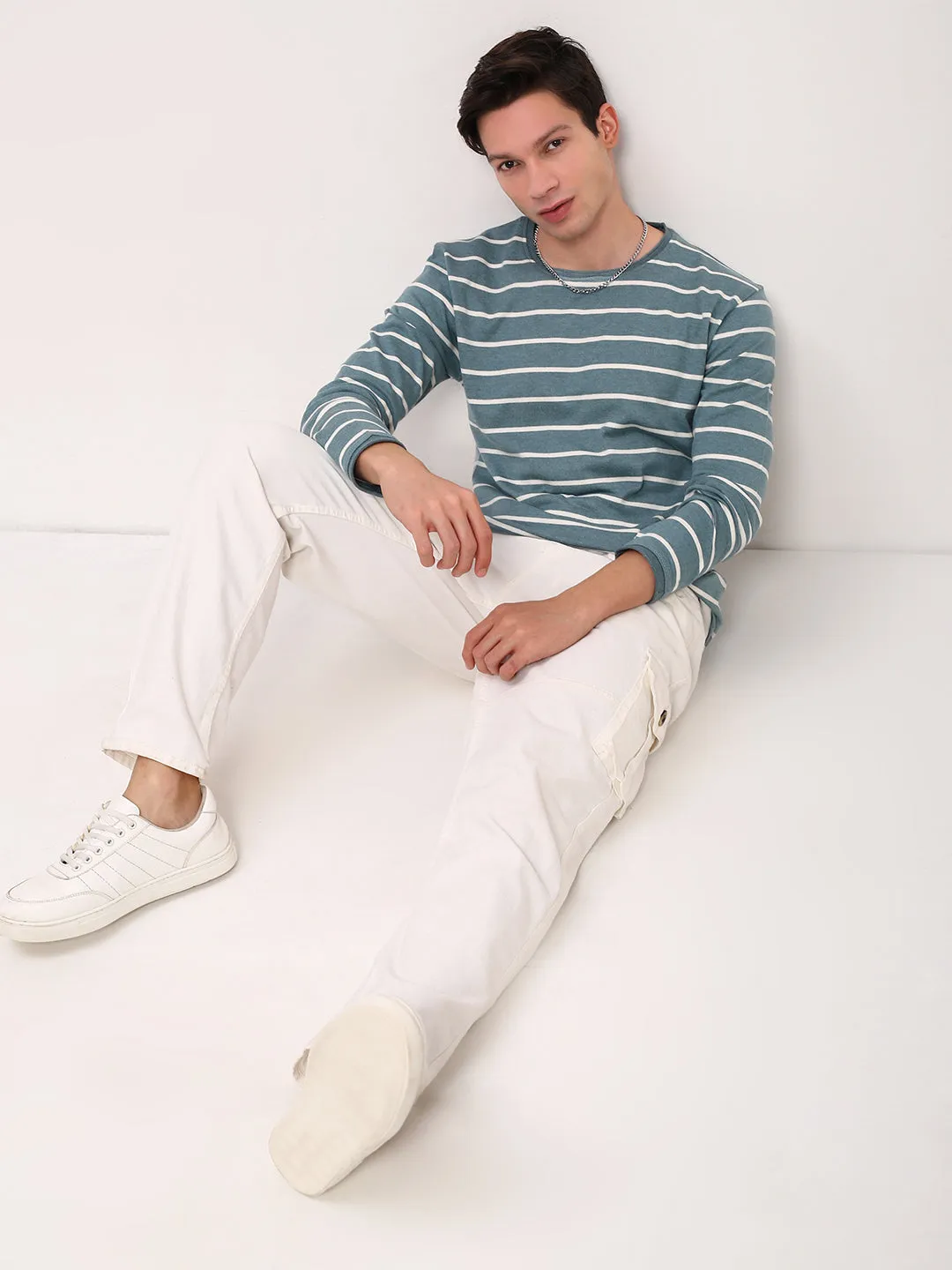 Men Blue Striped Round Neck Cotton T-Shirt