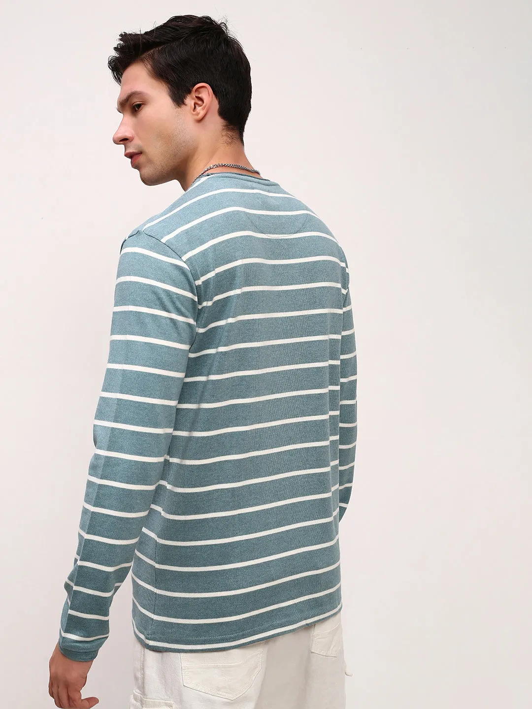 Men Blue Striped Round Neck Cotton T-Shirt