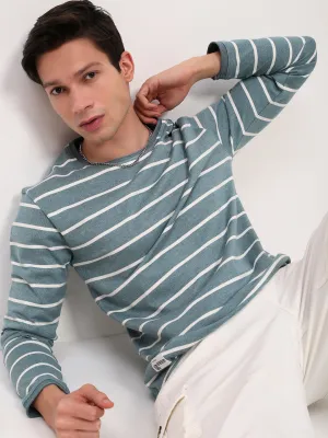 Men Blue Striped Round Neck Cotton T-Shirt