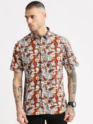 Men Brown Smart Slim Fit Floral Opaque Printed Cotton Casual Shirt