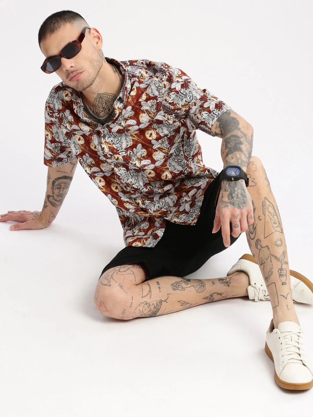 Men Brown Smart Slim Fit Floral Opaque Printed Cotton Casual Shirt