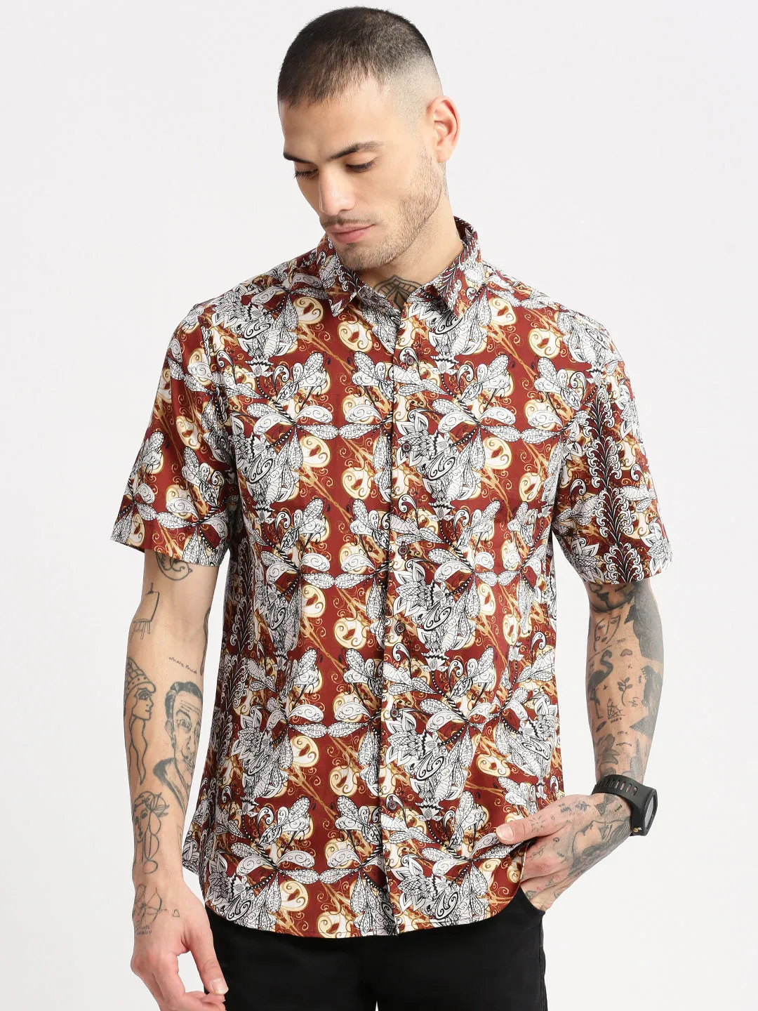 Men Brown Smart Slim Fit Floral Opaque Printed Cotton Casual Shirt