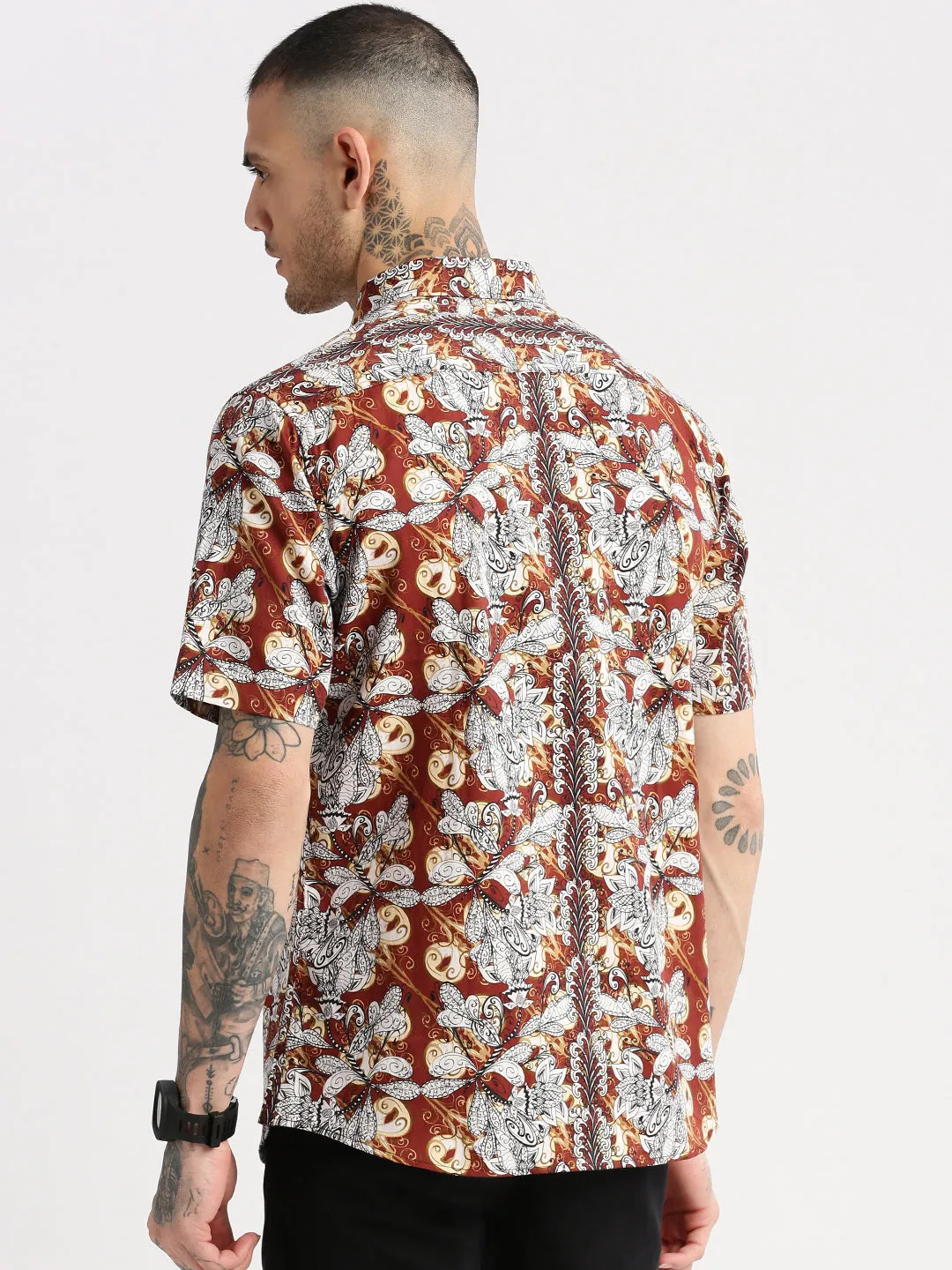 Men Brown Smart Slim Fit Floral Opaque Printed Cotton Casual Shirt