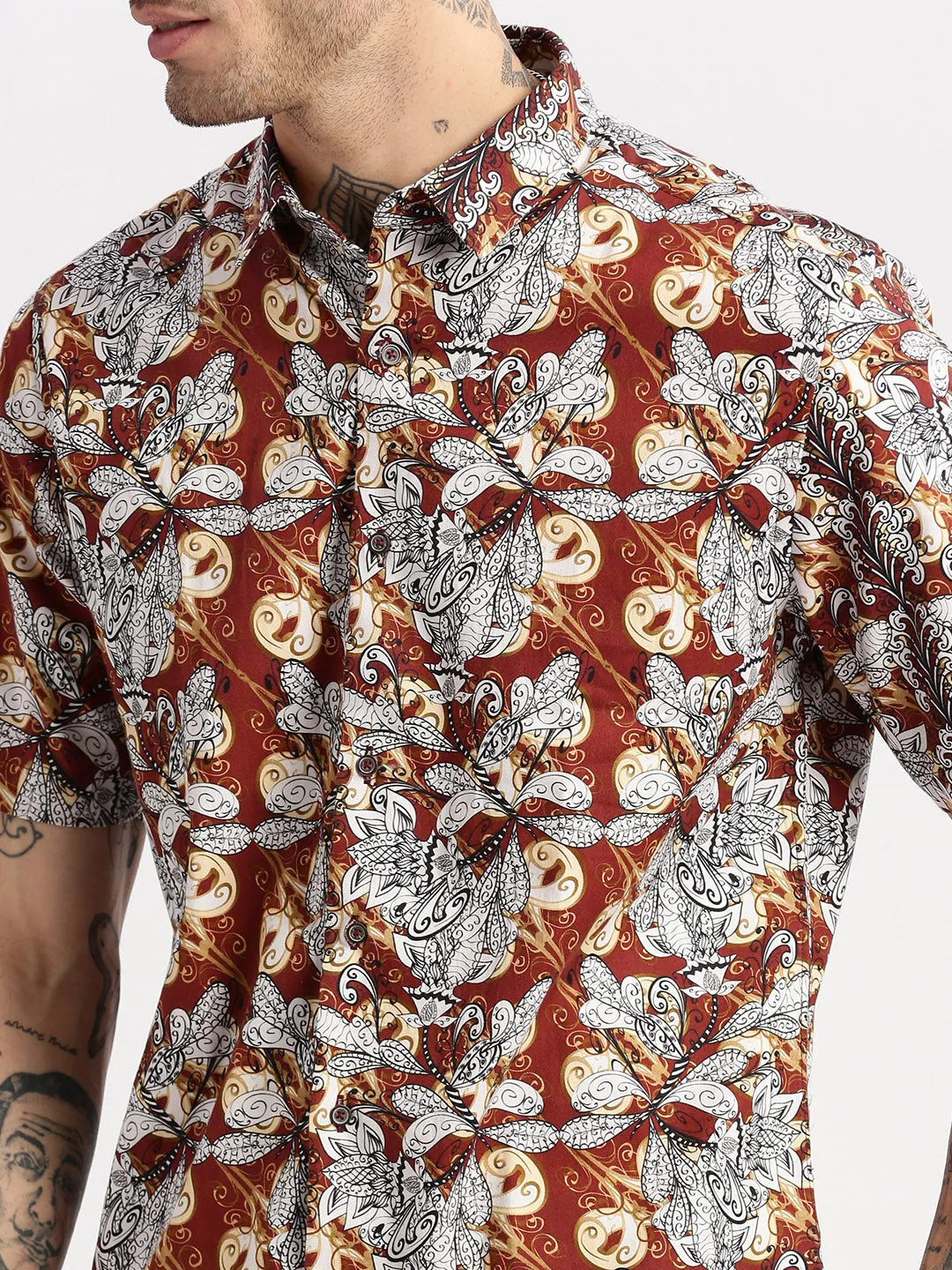 Men Brown Smart Slim Fit Floral Opaque Printed Cotton Casual Shirt