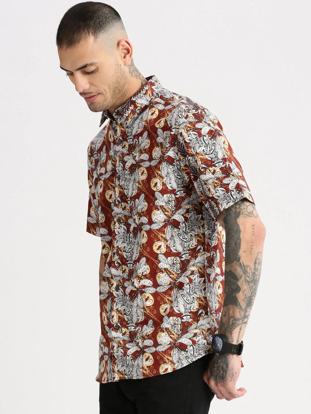 Men Brown Smart Slim Fit Floral Opaque Printed Cotton Casual Shirt