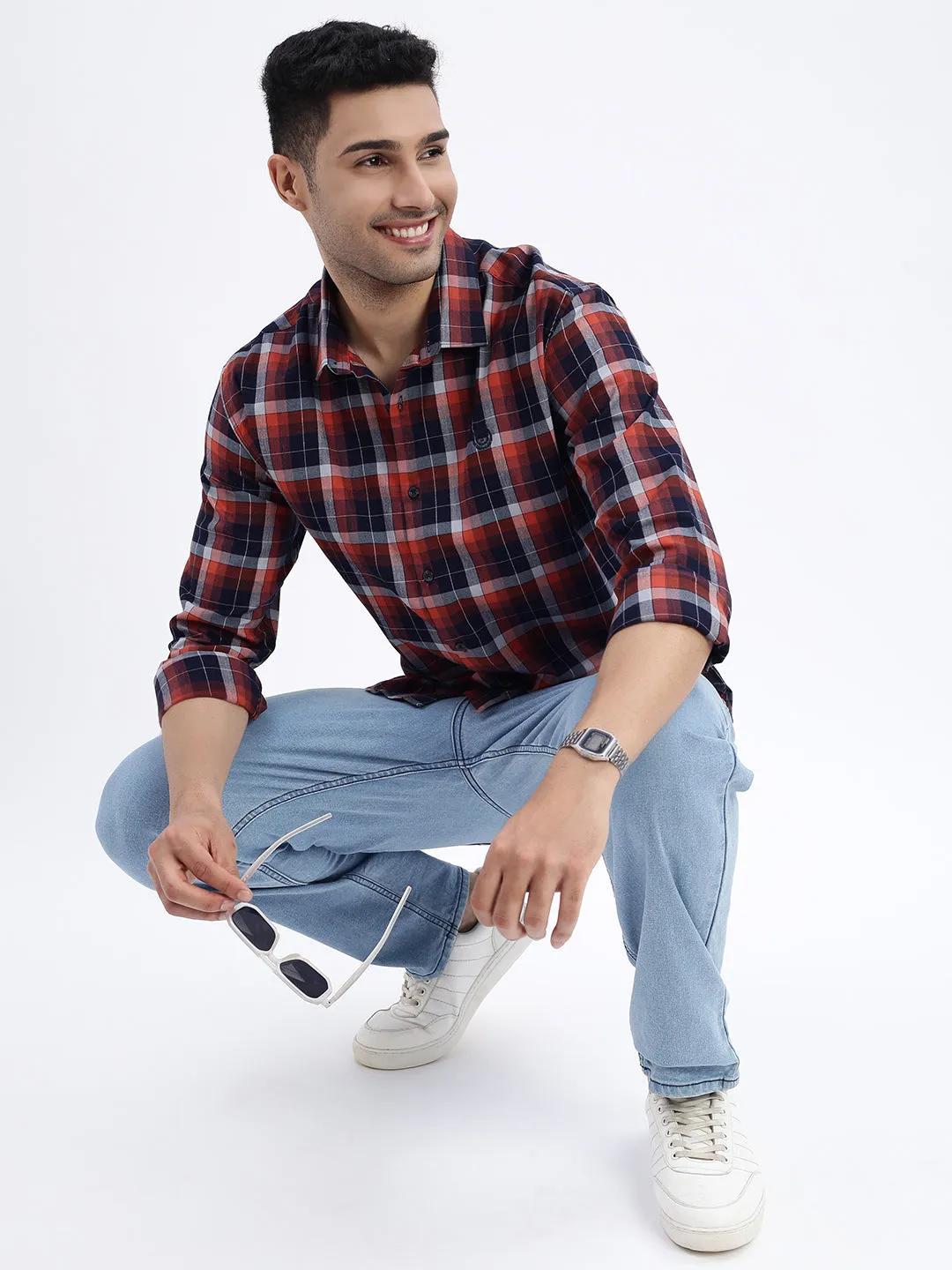 Men Brown Tartan Checked Slim Fit Shirt