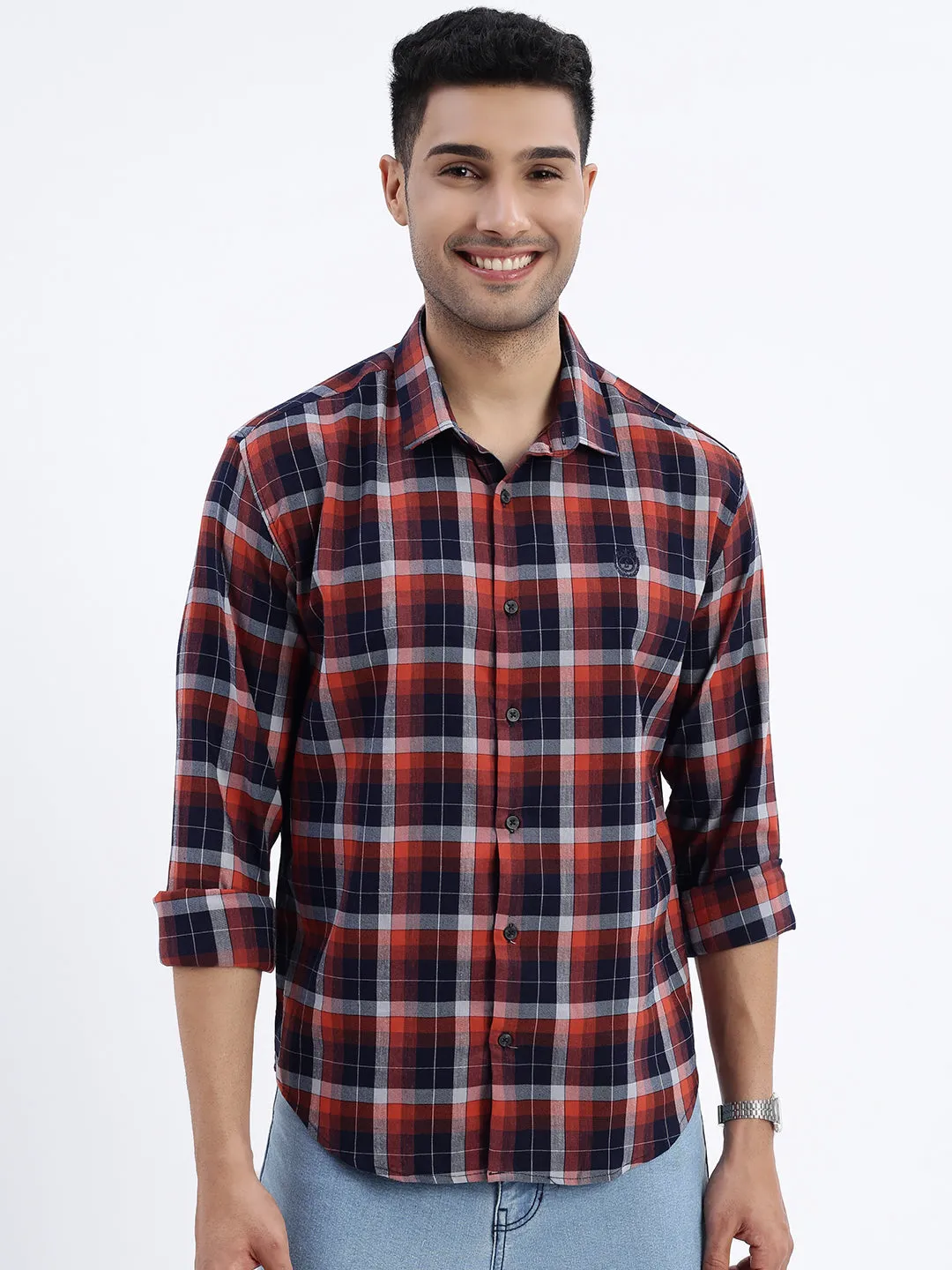 Men Brown Tartan Checked Slim Fit Shirt