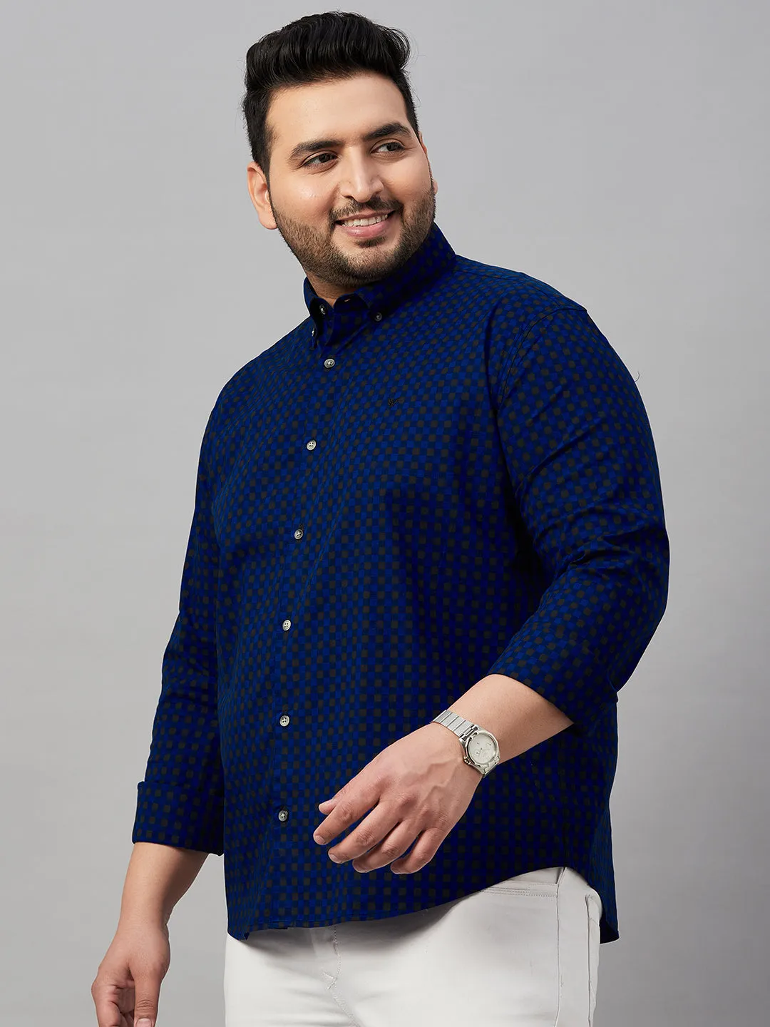 Men Checked Blue Button-Down Collar Shirt