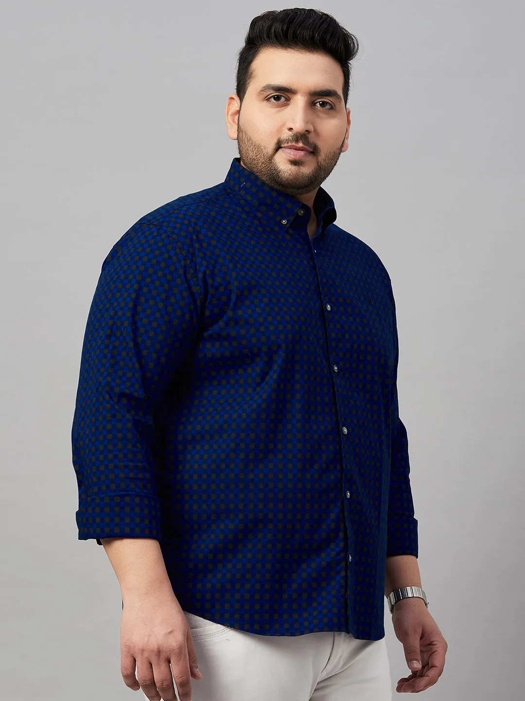 Men Checked Blue Button-Down Collar Shirt