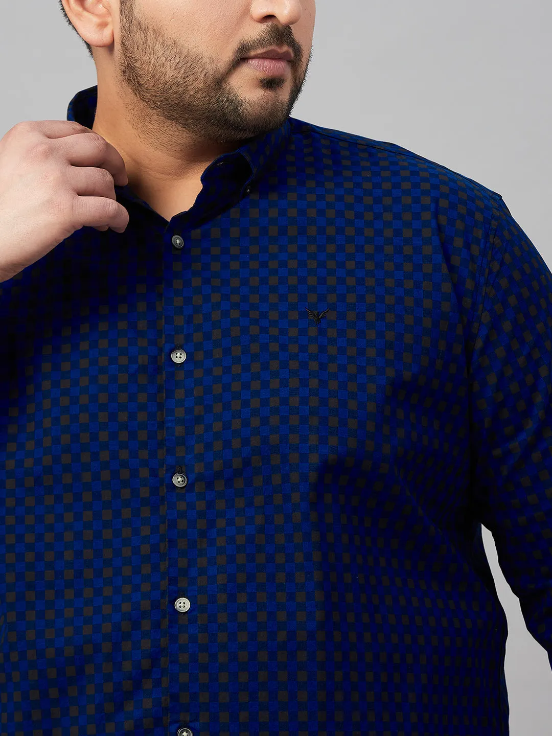 Men Checked Blue Button-Down Collar Shirt