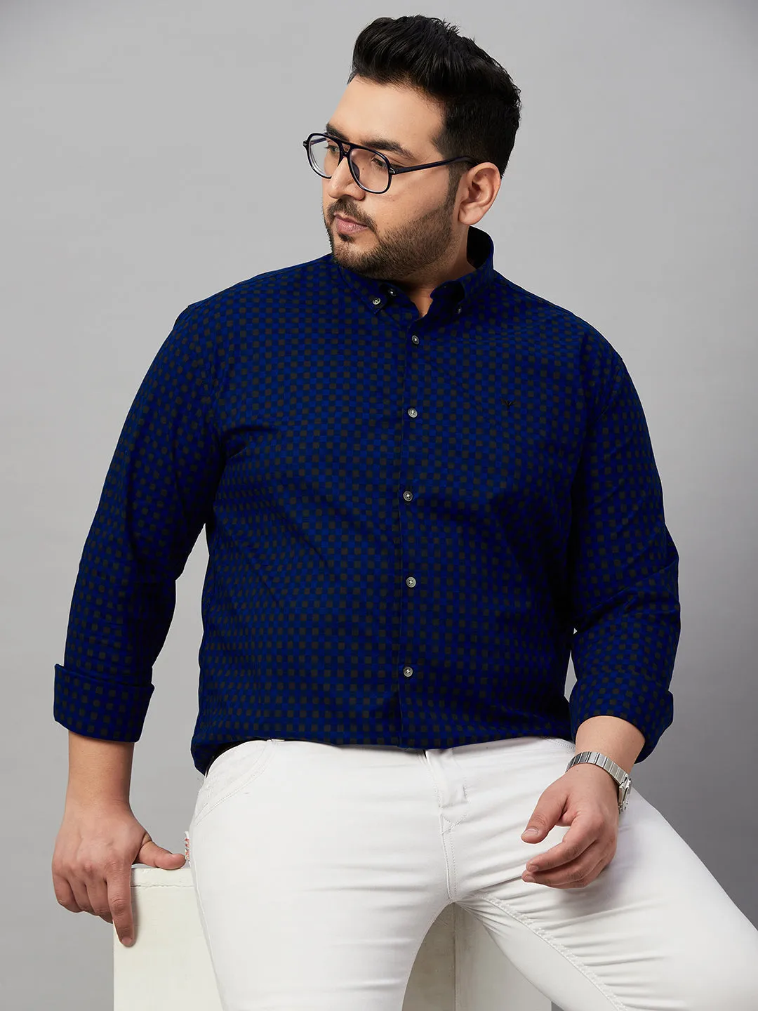 Men Checked Blue Button-Down Collar Shirt