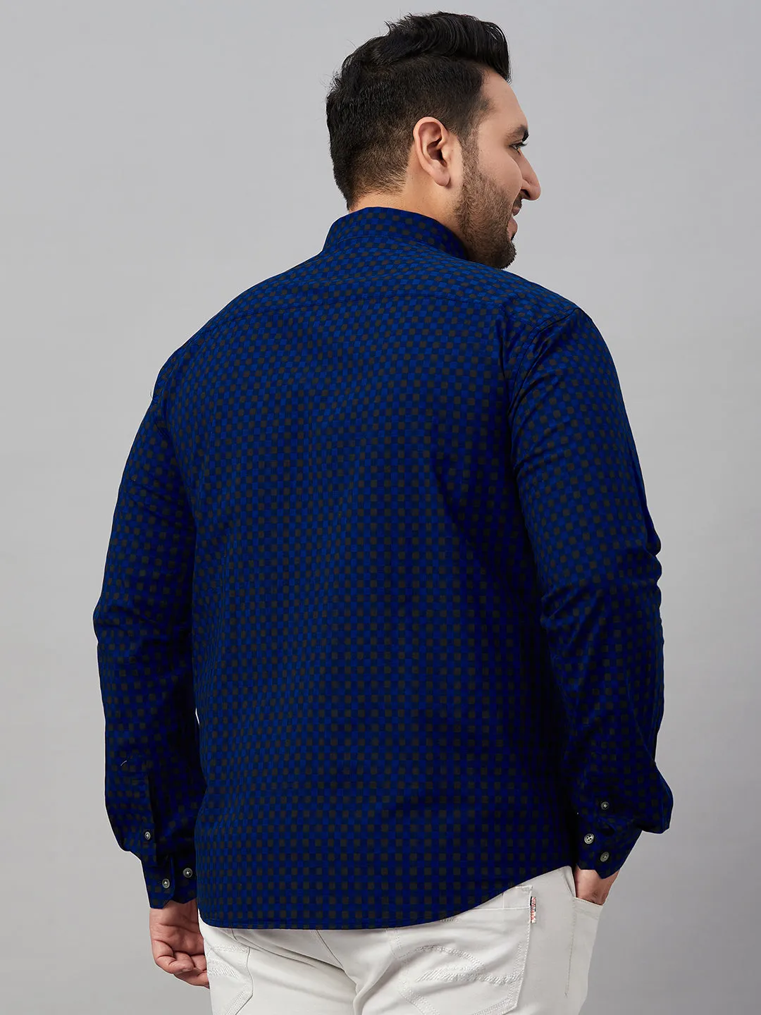 Men Checked Blue Button-Down Collar Shirt