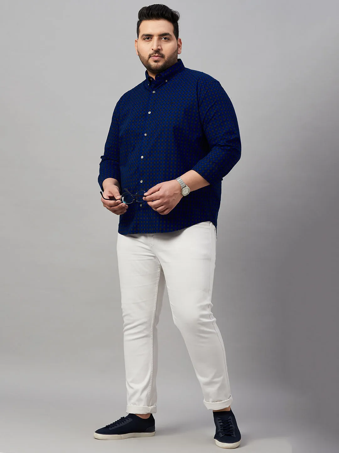 Men Checked Blue Button-Down Collar Shirt