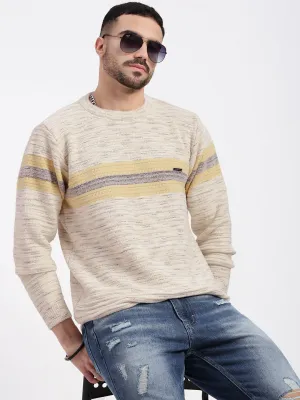 Men Cream Striped Round Neck Cotton Sweater