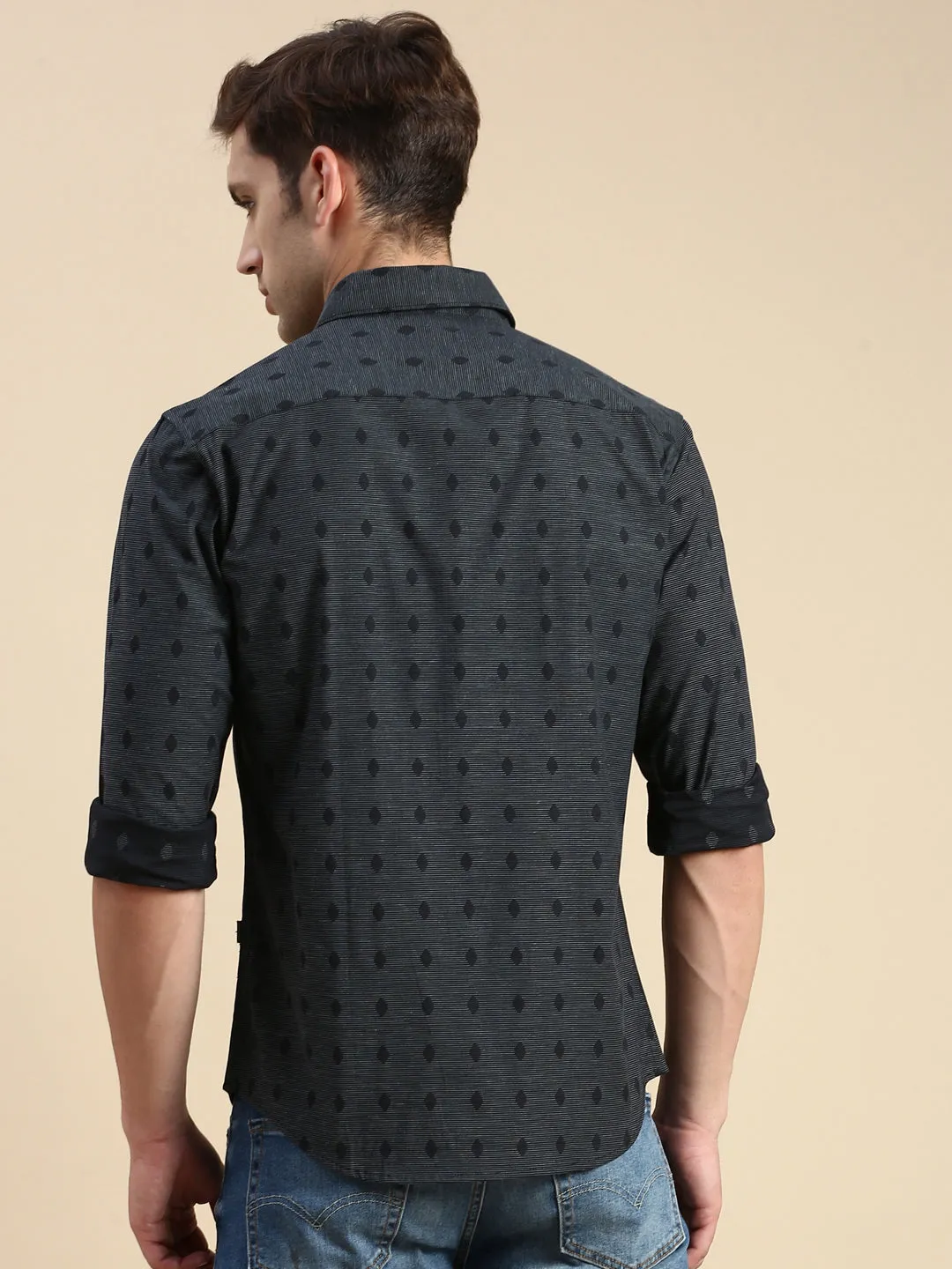 Men Navy Blue Comfort Slim Fit Printed Cotton Casual Shirt