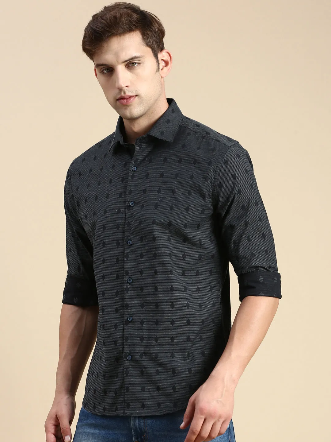 Men Navy Blue Comfort Slim Fit Printed Cotton Casual Shirt