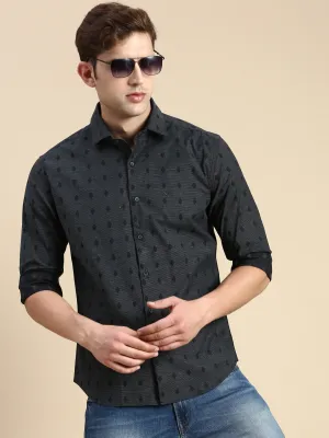 Men Navy Blue Comfort Slim Fit Printed Cotton Casual Shirt
