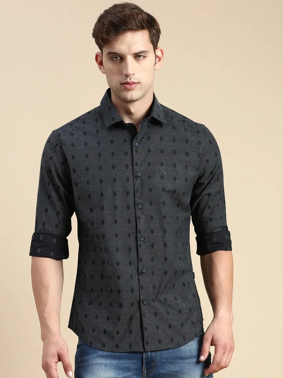 Men Navy Blue Comfort Slim Fit Printed Cotton Casual Shirt