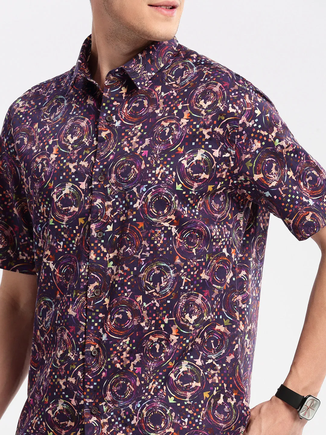 Men Purple Smart Slim Fit Floral Printed Cotton Casual Shirt