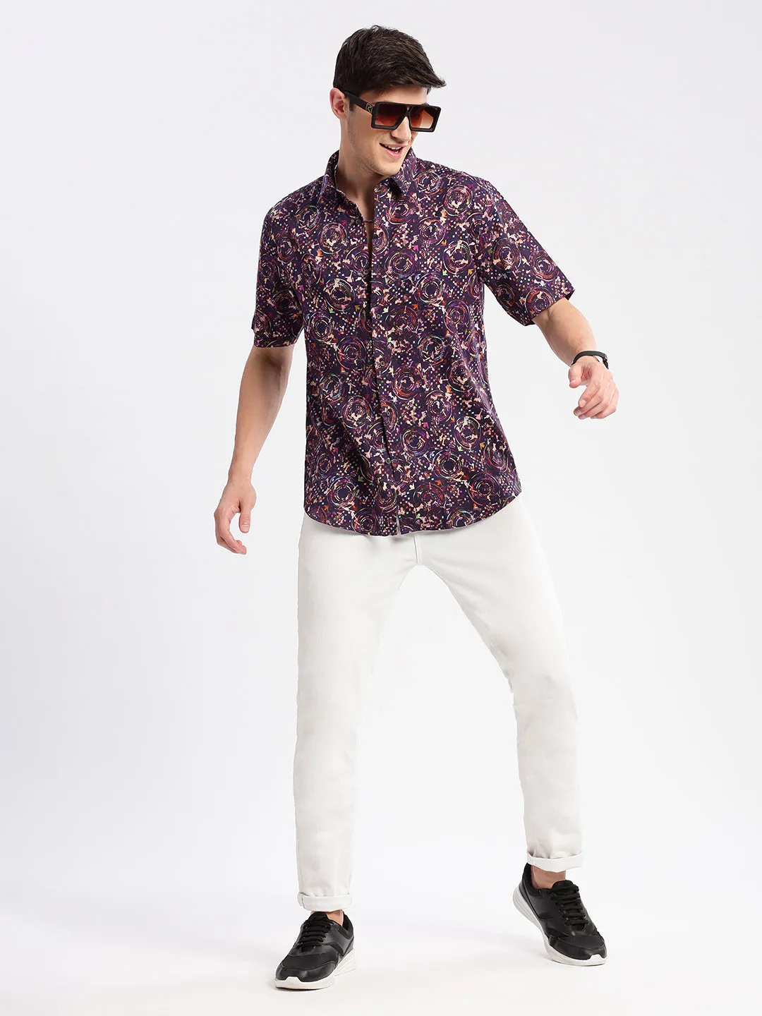 Men Purple Smart Slim Fit Floral Printed Cotton Casual Shirt