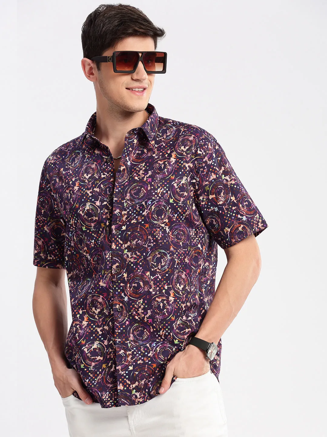 Men Purple Smart Slim Fit Floral Printed Cotton Casual Shirt